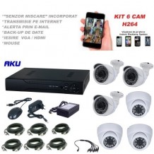  Kit supraveghere video AKU 6 camere 1200TVL 1280x960 pixeli + DVR 8 canale FULL HD 1080N H264, interior exterior carcase metalice, iesire internet cu vizualizare pe telefon mobil tableta desktop